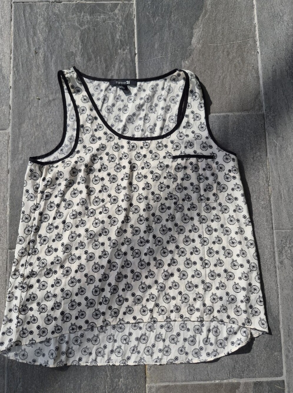 Forever 21 Cream Tank Top with Black Bicycle Print and Trim